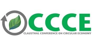 Leaf in a grey circle with one arrowhead. Text in green "CCCE" text in grey below green text "Clausthal Conference on Circular Economy"